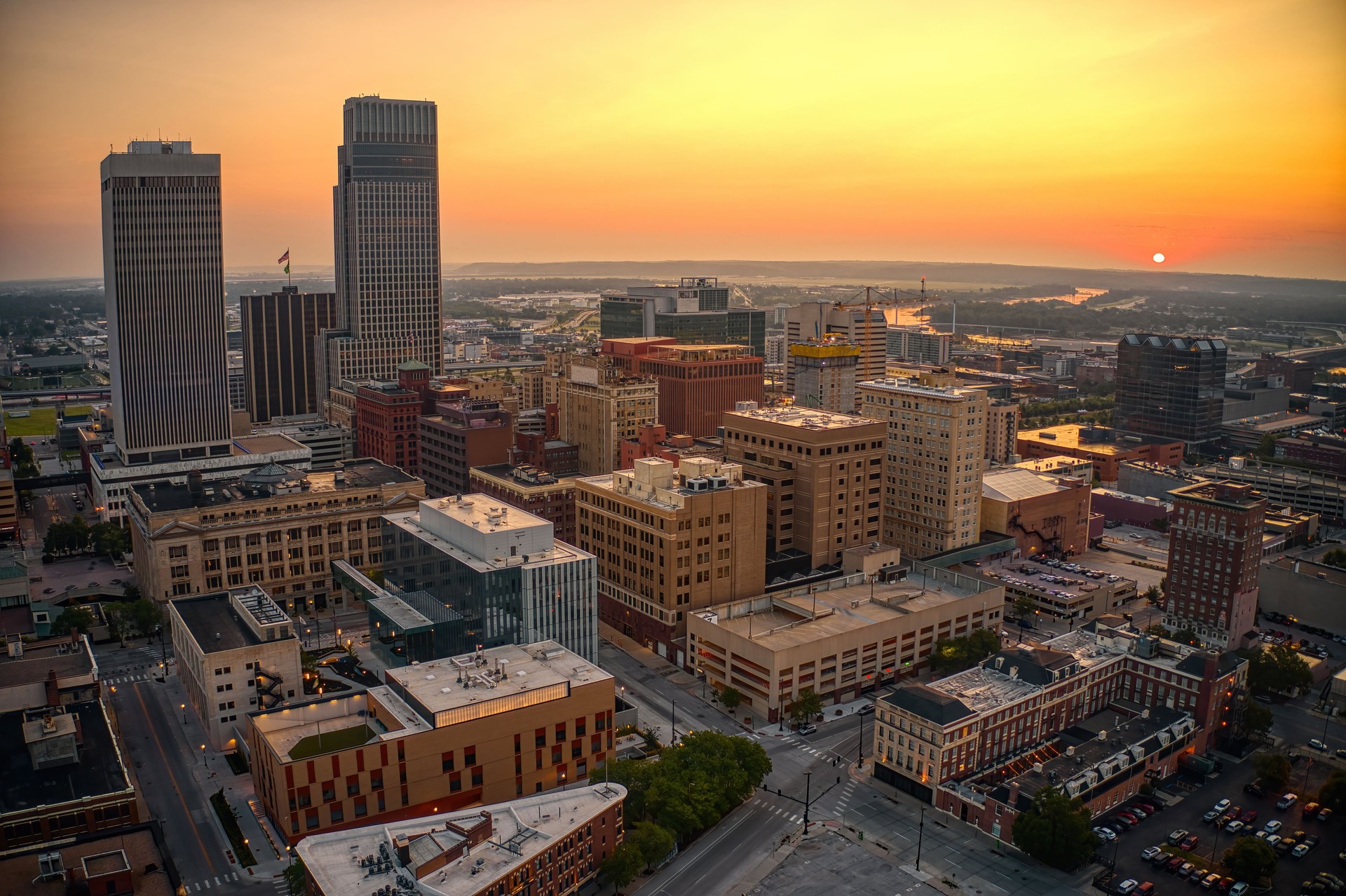 Aerial View of the Omaha, Nebraska Skyline at Dusk